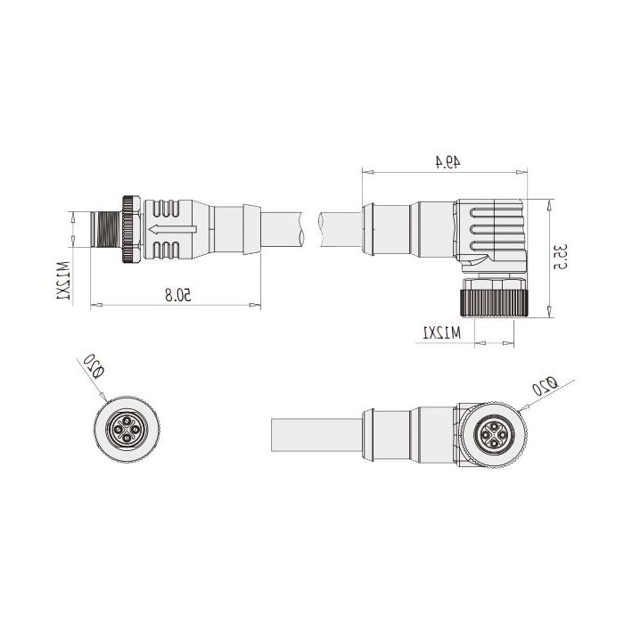 M12 4Pin S-coded, female 90° turn male straight, double-ended pre-cast PVC non-flexible cable, grey sheathing, 64SD41-XXX